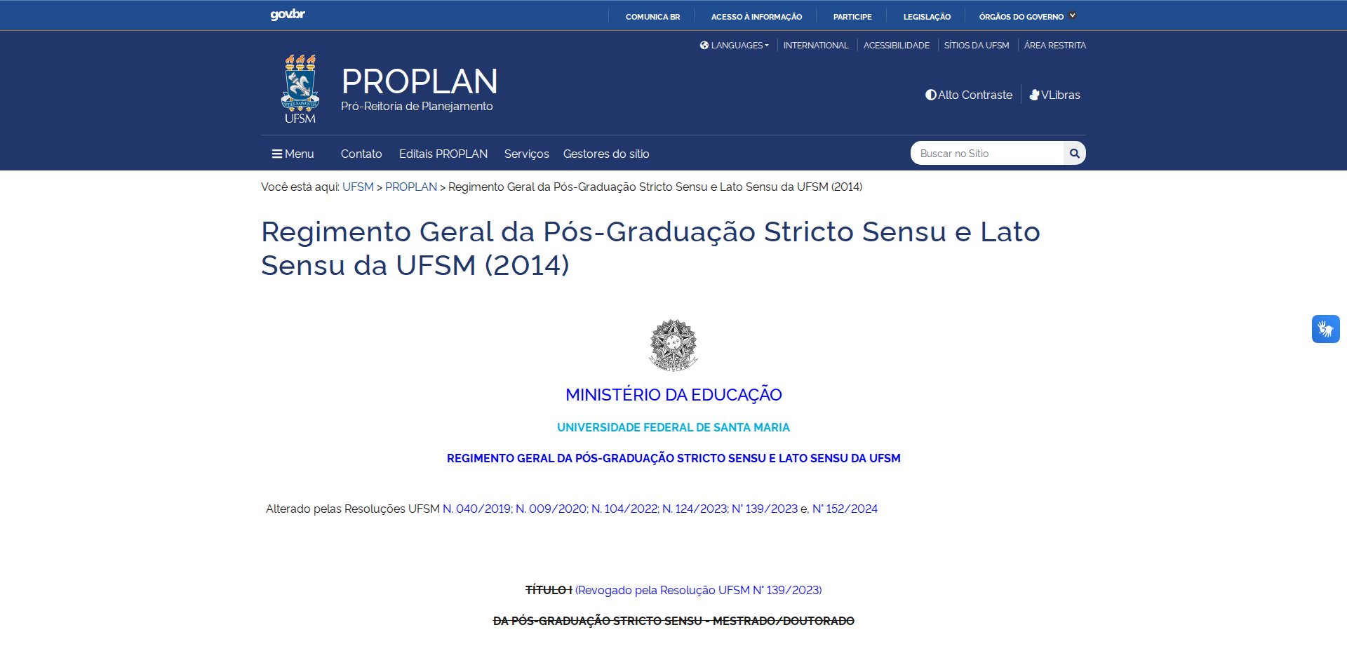 Página da PROPLAN da UFSM com o Regimento Geral da Pós-Graduação Stricto Sensu e Lato Sensu da UFSM (2014), alterado por resoluções posteriores