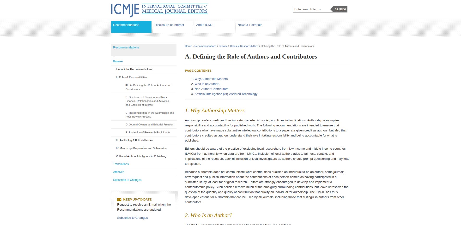 Página A. Defining the Role of Authors and Contributors do ICMJE, com as seções Why Authorship Matters, Who Is an Author, Non-Author Contributors e Artificial Intelligence (AI)-Assisted Technology