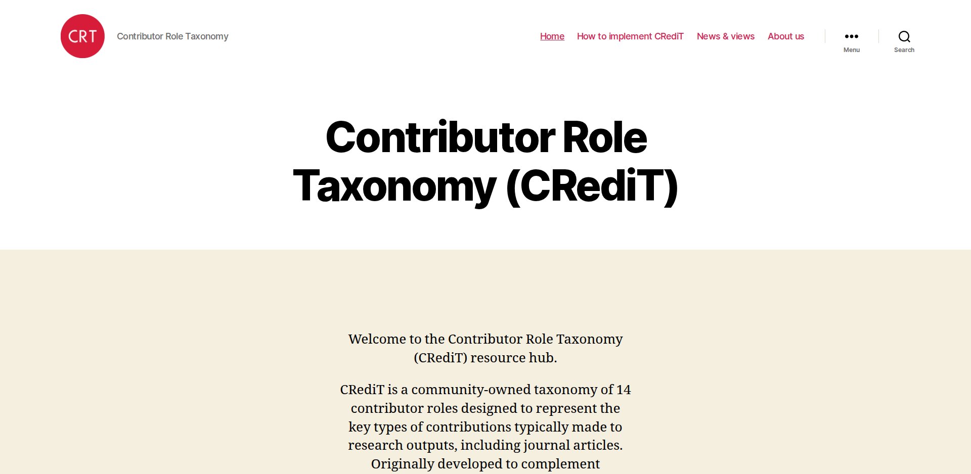 Página inicial do Contributor Role Taxonomy (CRediT) em credit.niso.org, apresentando a taxonomia comunitária de 14 papéis de contribuição