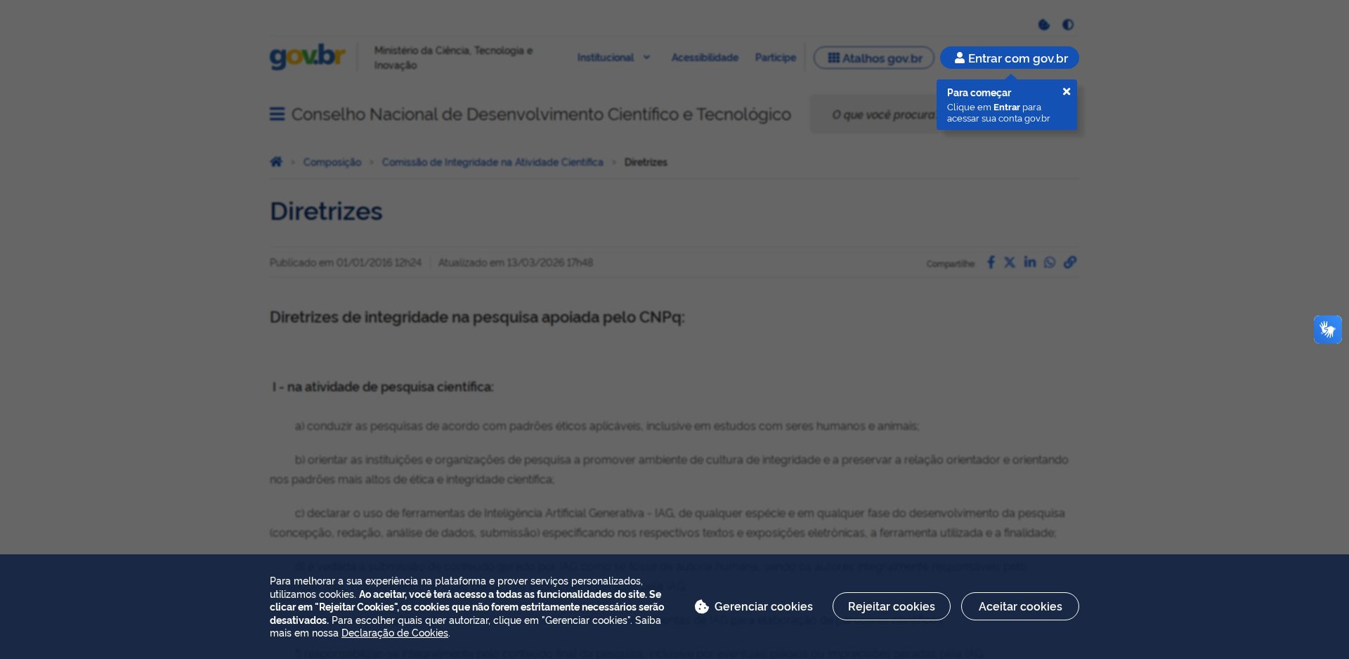 Página Diretrizes da Comissão de Integridade na Atividade Científica do CNPq, com os itens I na atividade de pesquisa científica: conduzir as pesquisas com padrões éticos, promover cultura de integridade e preservar a relação orientador e orientando, e declarar o uso de ferramentas de IA generativa