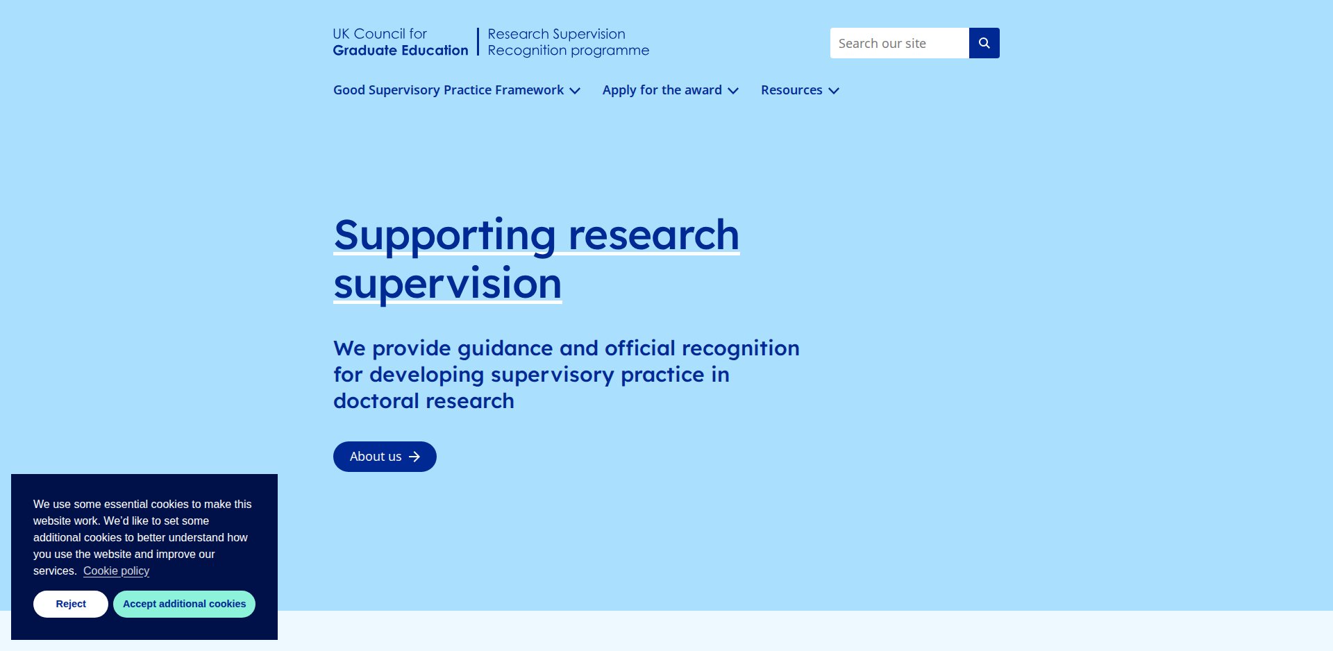 Página Supporting research supervision do UK Council for Graduate Education, do Research Supervision Recognition programme, com o menu Good Supervisory Practice Framework