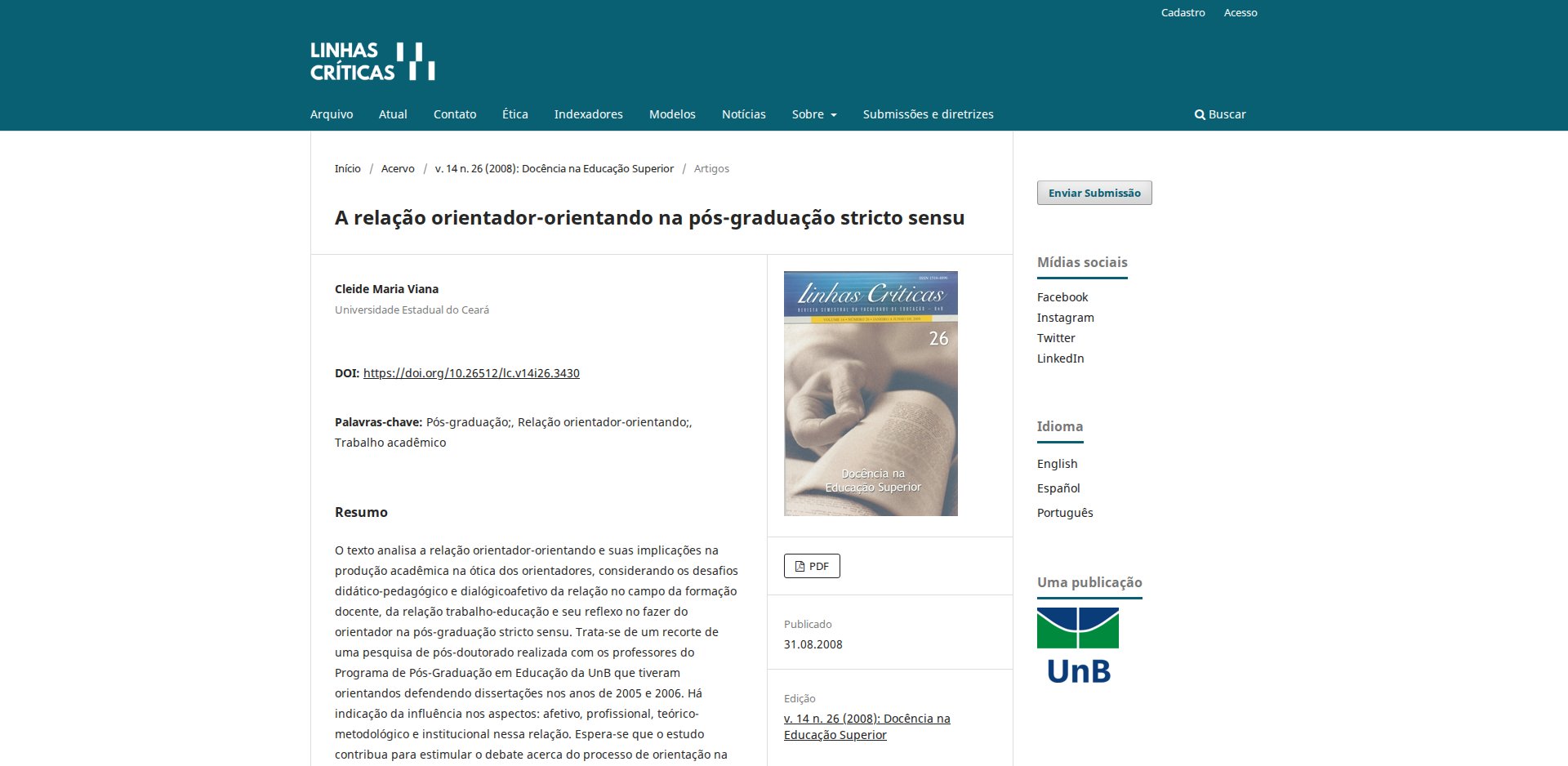 Página do artigo A relação orientador-orientando na pós-graduação stricto sensu, de Cleide Maria Viana, na revista Linhas Críticas, v. 14, n. 26, 2008, com DOI e resumo
