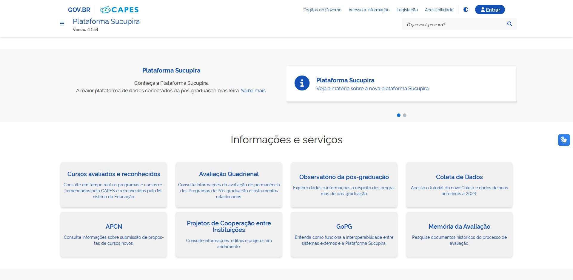 Página inicial da Plataforma Sucupira da CAPES, versão 4.1.54, com os serviços Cursos avaliados e reconhecidos, Avaliação Quadrienal, Observatório da pós-graduação e Coleta de Dados