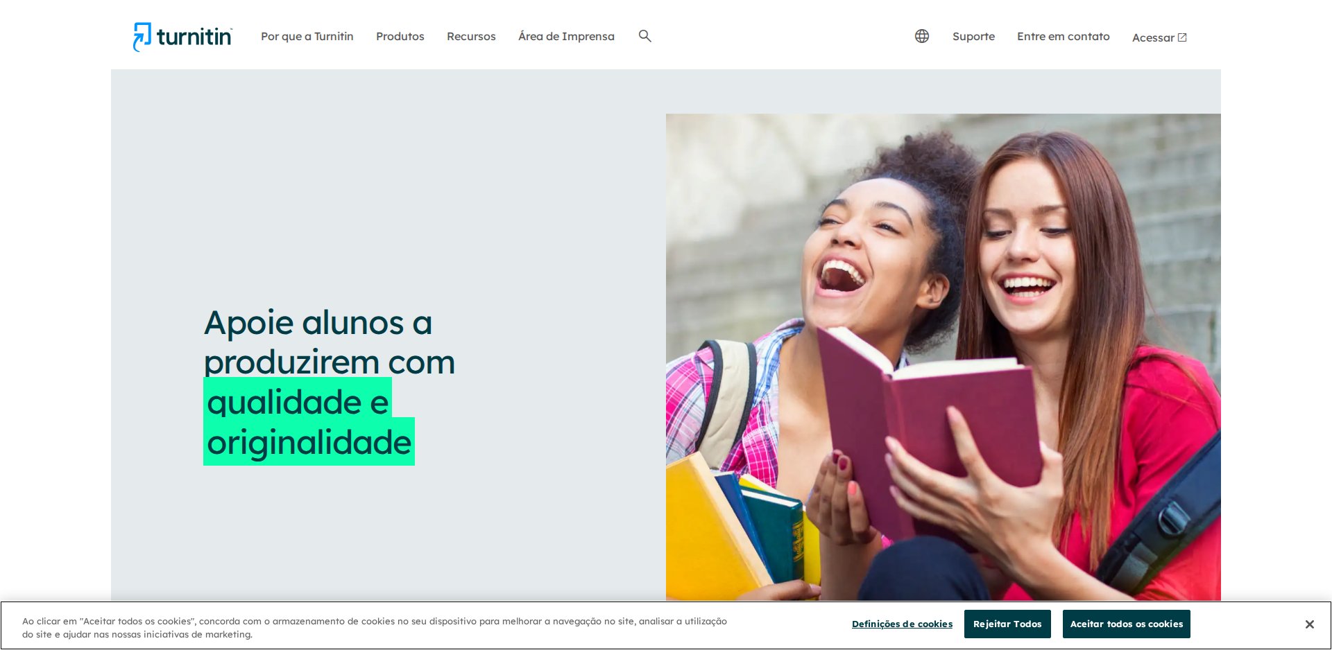 Página inicial do Turnitin em português, com o título Apoie alunos a produzirem com qualidade e originalidade